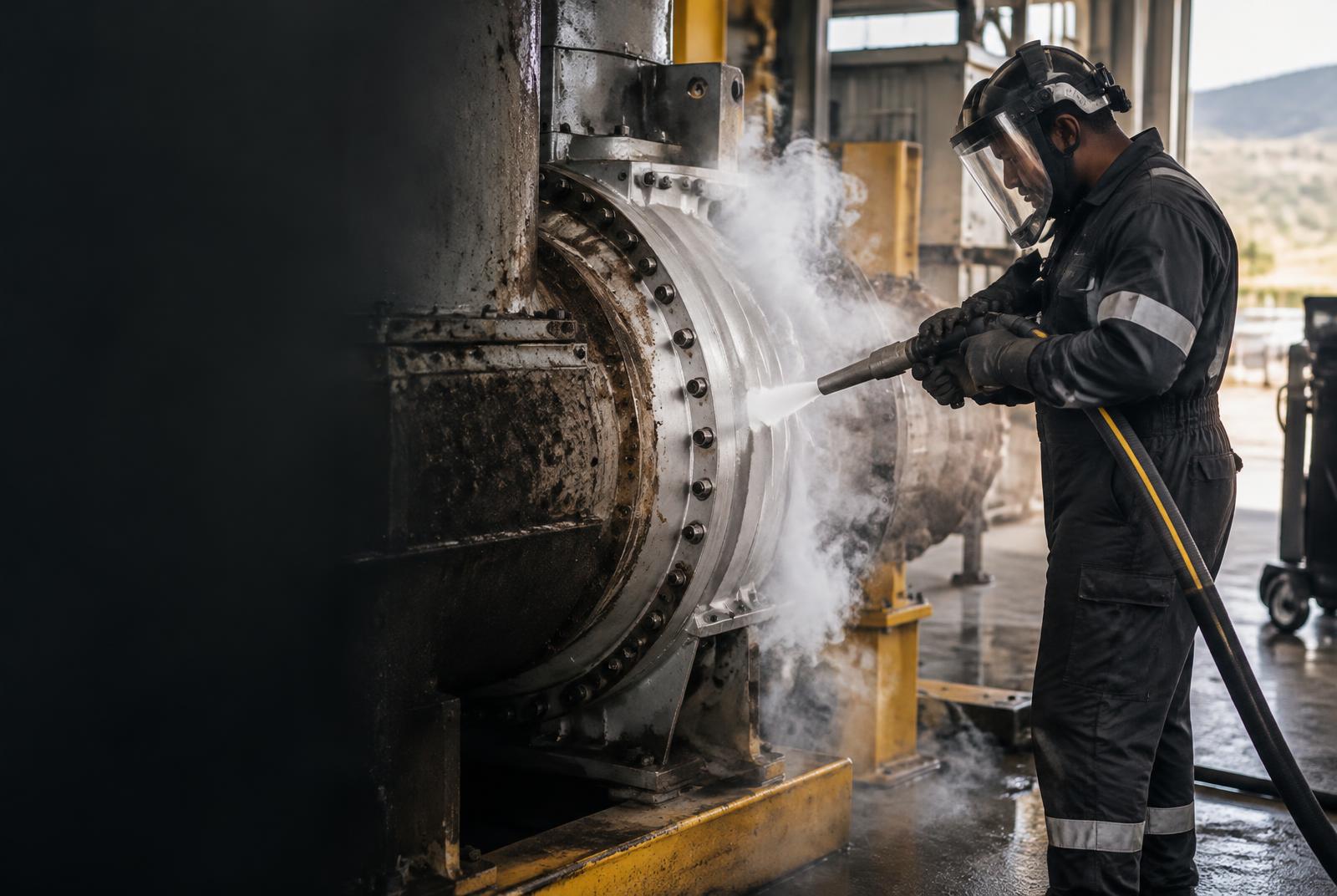 Technician using dry ice blasting equipment to clean industrial machinery